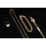 A COLLECTION OF JEWELLERY, comprising a 9ct gold curb-link bracelet, a 9ct gold ropetwist-link