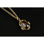 A BOULDER OPAL PENDANT ON CHAIN, the pear-shaped cabochon boulder opal collet set to an Arts and