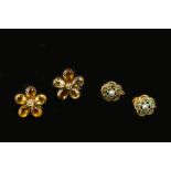 A COLLECTION OF GEM SET EAR CLIPS, comprising a pair of citrine and seed pearl flowerhead cluster