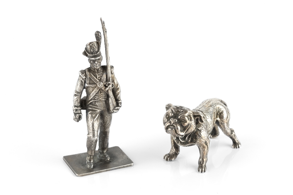 A SILVER SMALL MODEL of a bulldog, by Henry Hodson Plante, London 1971, 5cm long; and a silver small