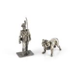 A SILVER SMALL MODEL of a bulldog, by Henry Hodson Plante, London 1971, 5cm long; and a silver small