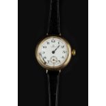 A GENTLEMAN'S 9CT GOLD WRISTWATCH BY OMEGA, the circular white enamel dial with Arabic numerals,