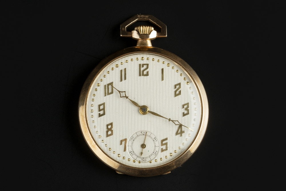 A 9CT GOLD OPEN FACE POCKET WATCH, the circular silvered dial with stylised Arabic numerals and