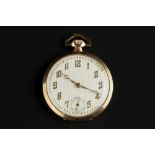 A 9CT GOLD OPEN FACE POCKET WATCH, the circular silvered dial with stylised Arabic numerals and
