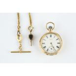 AN 18CT GOLD OPEN FACE POCKET WATCH BY WALTHAM AND AN ALBERT CHAIN, the white dial with Roman