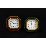 TWO ALARM CLOCKS BY CARTIER, each octagonal dial with Roman numerals and inner minute track, the