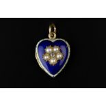 A HALF PEARL, DIAMOND AND ENAMEL LOCKET PENDANT, the heart-shaped locket centred with a half pearl
