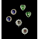 A COLLECTION OF ENAMEL AND GEM SET EAR CLIPS, comprising a pair of heart-shaped ear clips, each