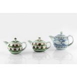 Derek Emms (1929-2004) Three teapots porcelain, with green, blue and red brushwork impressed