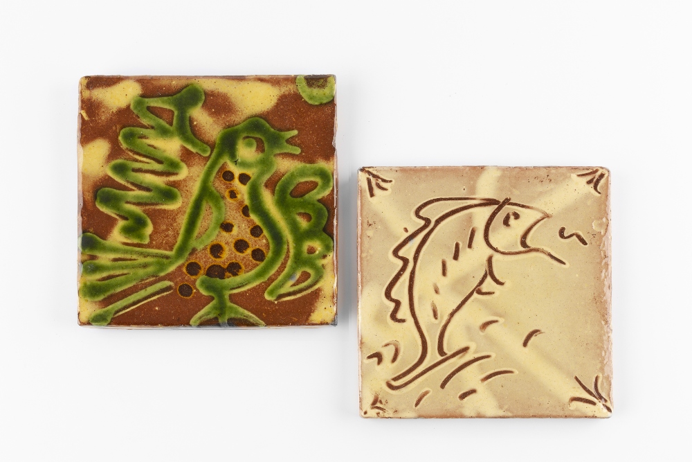 Clive Bowen (b.1943) Two tiles slipware, decorated with a bird and a fish 14.3cm x 14.3cm (2).