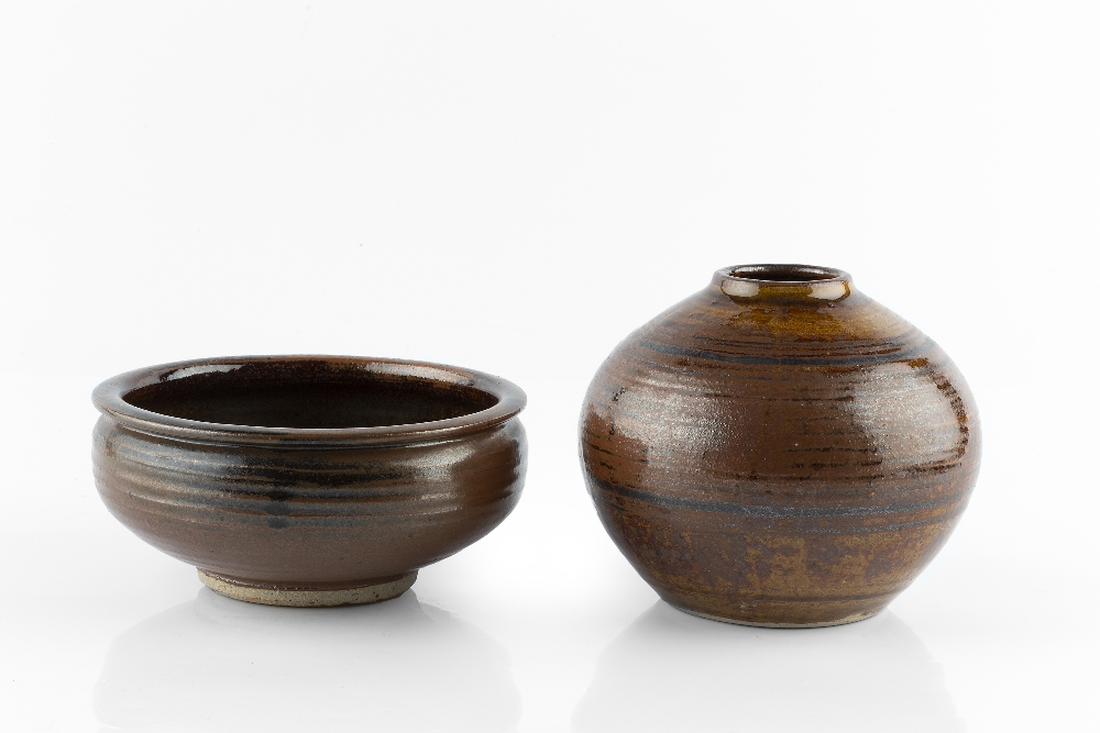 Paul Barron (1917-1983) Vase and bowl tenmoku glaze impressed potter's seals bowl 16.5cm diameter (