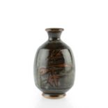 John Leach (b.1939) at Muchelney Pottery Bottle vase, 2004 tenmoku with wax resist decoration