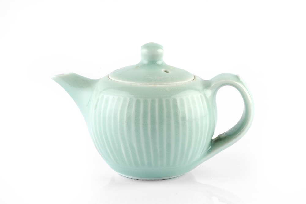 Derek Emms (1929-2004) Teapot porcelain, with celadon glaze impressed potter's seal 11cm high.