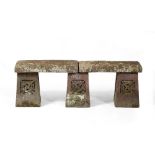 Manner of Archibald Knox (1864-1933) Garden bench reconstituted stone, moulded with Celtic patterns,