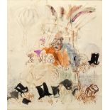 Feliks Topolski (1907-1989) Edward VII in a hot air balloon watercolour 30cm x 28cm.