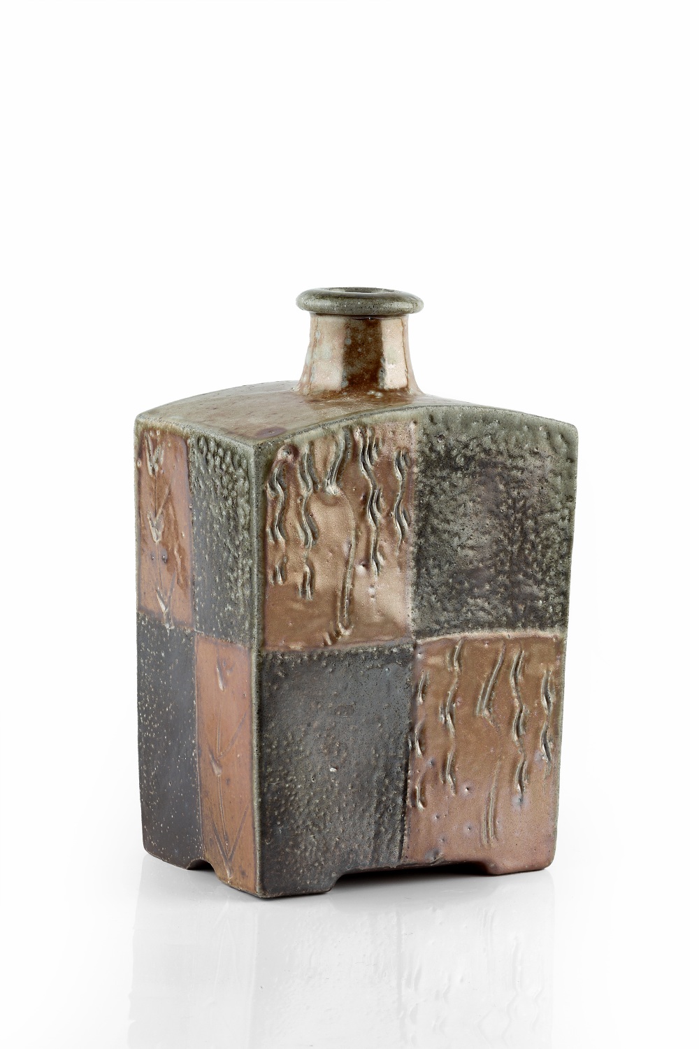 Phil Rogers (b.1951) Bottle vase squared sides, chequerboard pattern with incised motifs impressed