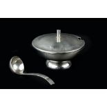 Keswick School of Industrial Art Arts & Crafts sugar bowl and spoon hammered silver plate stamped