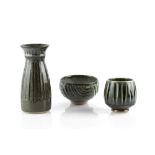 Nick Rees (b.1949) at Muchelney Pottery Vase and two bowls impressed potter's and pottery seals vase