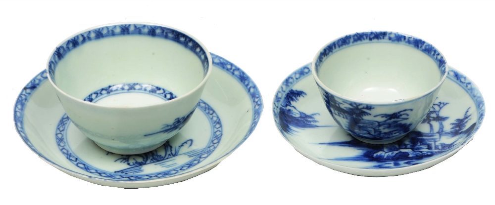 TWO CHINESE BLUE AND WHITE TEA BOWLS AND SAUCERS from the Nanking Cargo, the large painted with a