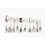 A MATCHED PART SERVICE OF 19TH CENTURY SILVER FIDDLE PATTERN FLATWARE, comprising ten table forks by