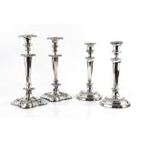 A PAIR OF 19TH CENTURY SHEFFIELD PLATE CANDLESTICKS, with foliate cast decoration, 31cm high;