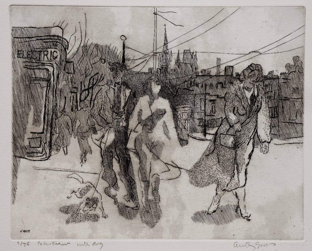 ANTHONY GROSS (1905-1984) 'Pedestrian with Dog', etching, pencil signed in the margin, titled and