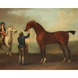 CIRCLE OF JOHN WOOTTON (c.1682-1765) A bay racehorse with groom and mounted horseman, oil on canvas,