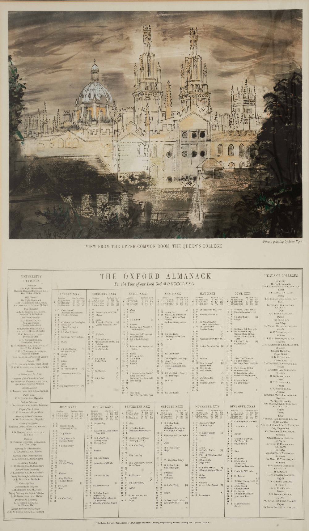 AFTER JOHN PIPER View from the Upper Common Room - The Queen's College, print in colours for The