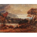 JOHN VARLEY (1778-1842) River landscape with figures, watercolour, 19 x 24.5cm