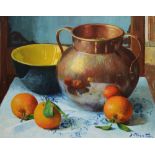 JOSEP MYRET ALEU (1912-1999) Still life - a lustre vase bowl and oranges upon a patterned table