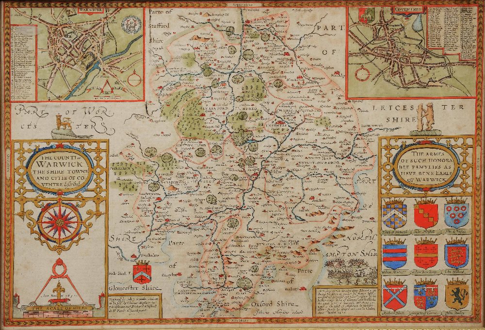 JOHN SPEEDE 'The Counti of Warwick', aerial double page engraving with inset vignette plans of '