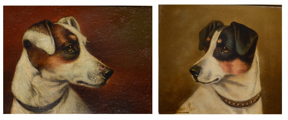 JOHN ALFRED WHEELER (1821-1903) A fox terrier, signed, oil on canvas board, 14.5 x 20cm; and one