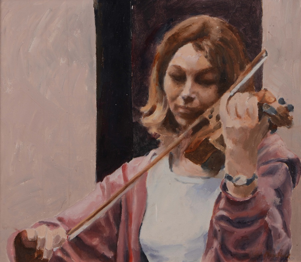 ERIC MASEFIELD (20TH/21ST CENTURY) A lady playing the violin, signed, oil on board, 34 x 39.5cm