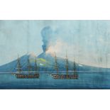 19TH CENTURY NEAPOLITAN SCHOOL British men-o-war in the bay of Naples with Vesuvius erupting, 40 x