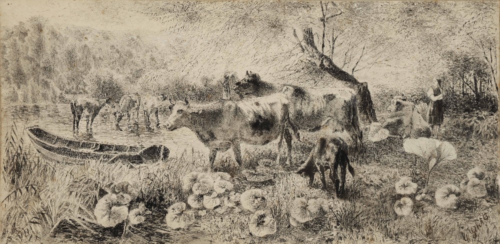 KARL GERHRTS (1853-1898) A river landscape with cattle and farm hand, signed, pen and ink, 19.5 x