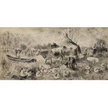 KARL GERHRTS (1853-1898) A river landscape with cattle and farm hand, signed, pen and ink, 19.5 x