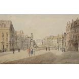 KARL HAGEDORN Van Eyck Square, Bruges, signed and dated '47, pen, ink and watercolour, 35 x 51cm