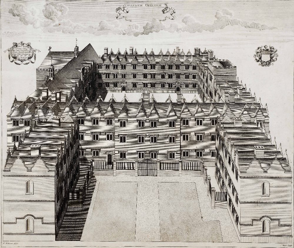 NATHANIEL PARR AFTER WILLIAM WILLIAMS 'Collegium Orielense (Oriel College)', aerial view, double