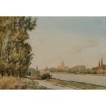 MARTIN HARDIE (1875-1952) Sens Cathedral, Bourgogne from the river, signed, watercolour, 23 x 34cm