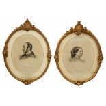 A PAIR OF 19TH CENTURY GILT GESSO FRAMES, each surmounted by Royal Shield and with further moulded