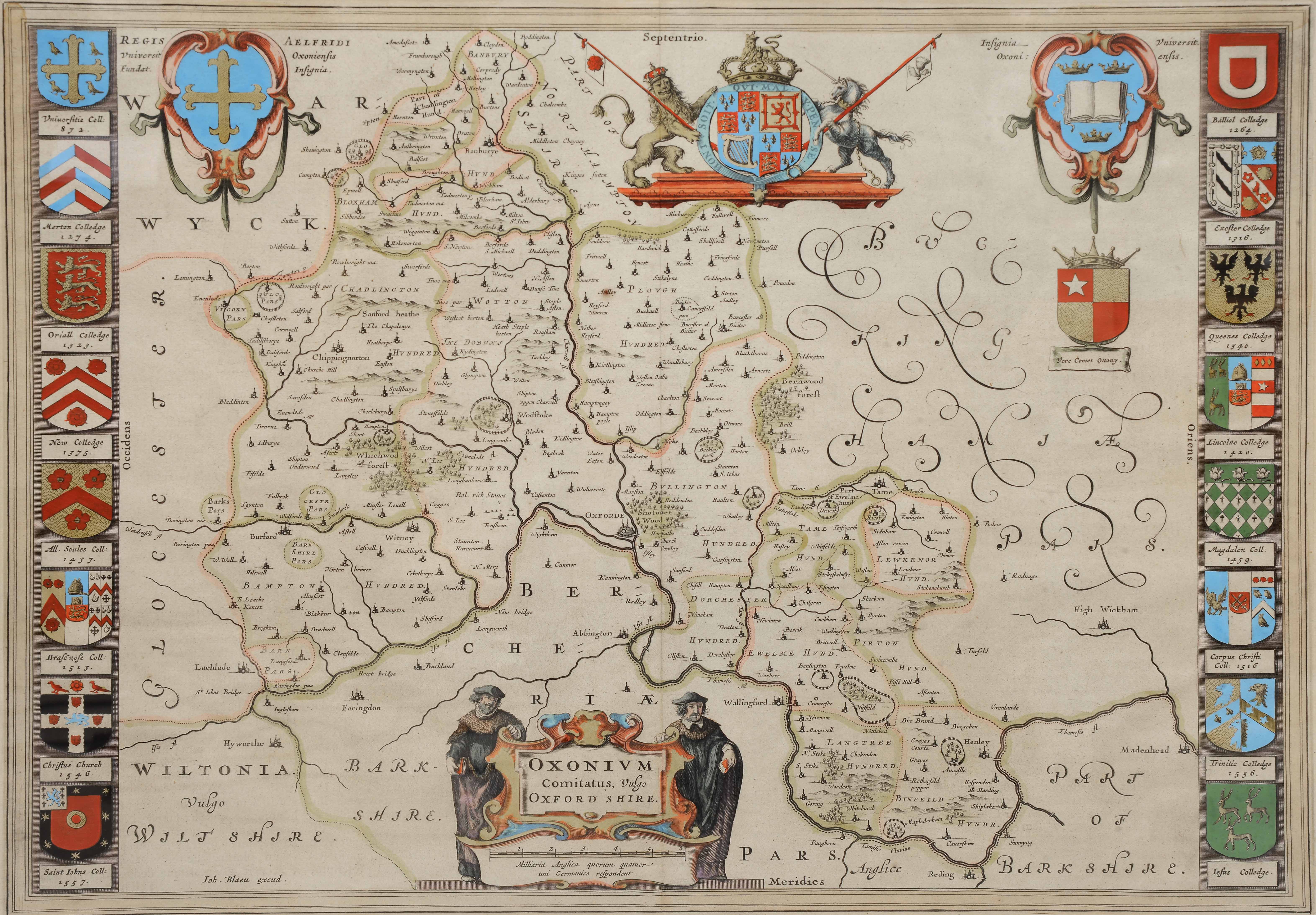 JOAN BLAEU Oxfordshire, engraving, the title cartouche flanked by academics, Royal Crest to upper