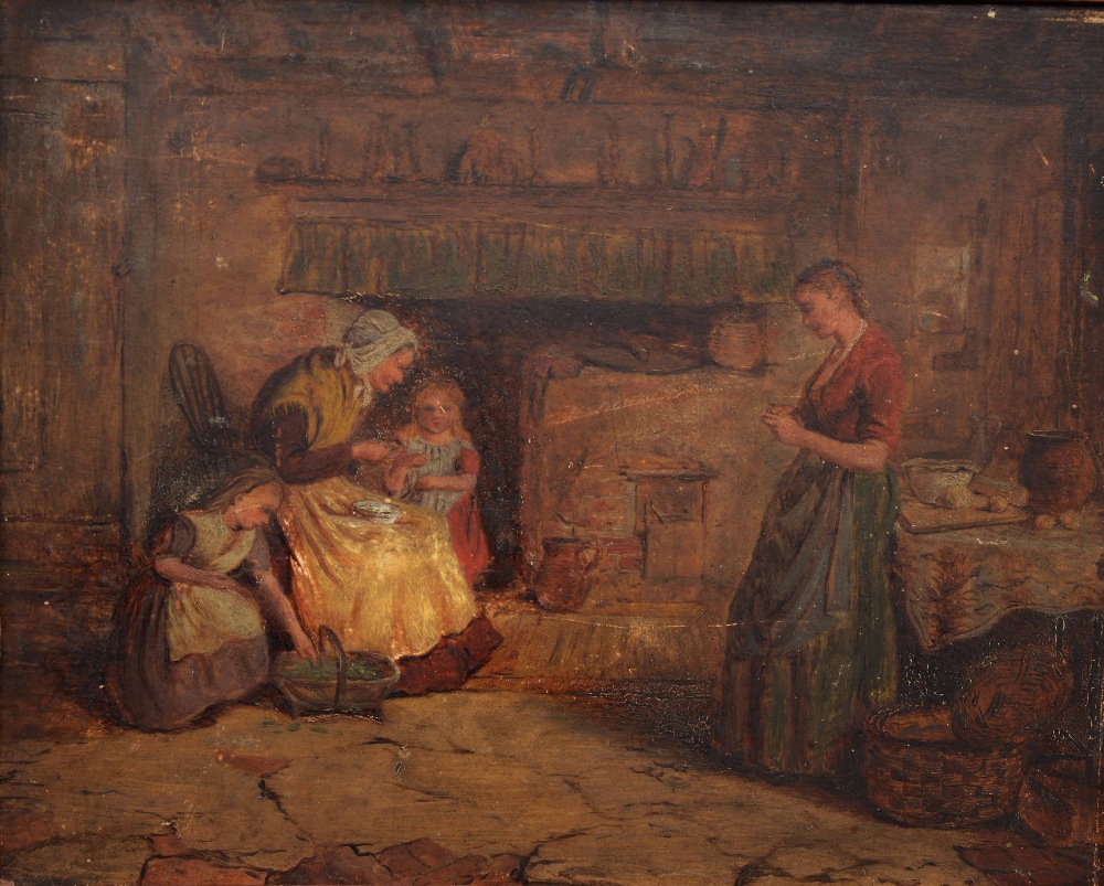 GEORGE SMITH A family by the fireside, oil on panel, 19.5 x 24.5cm; and two further pictures after A