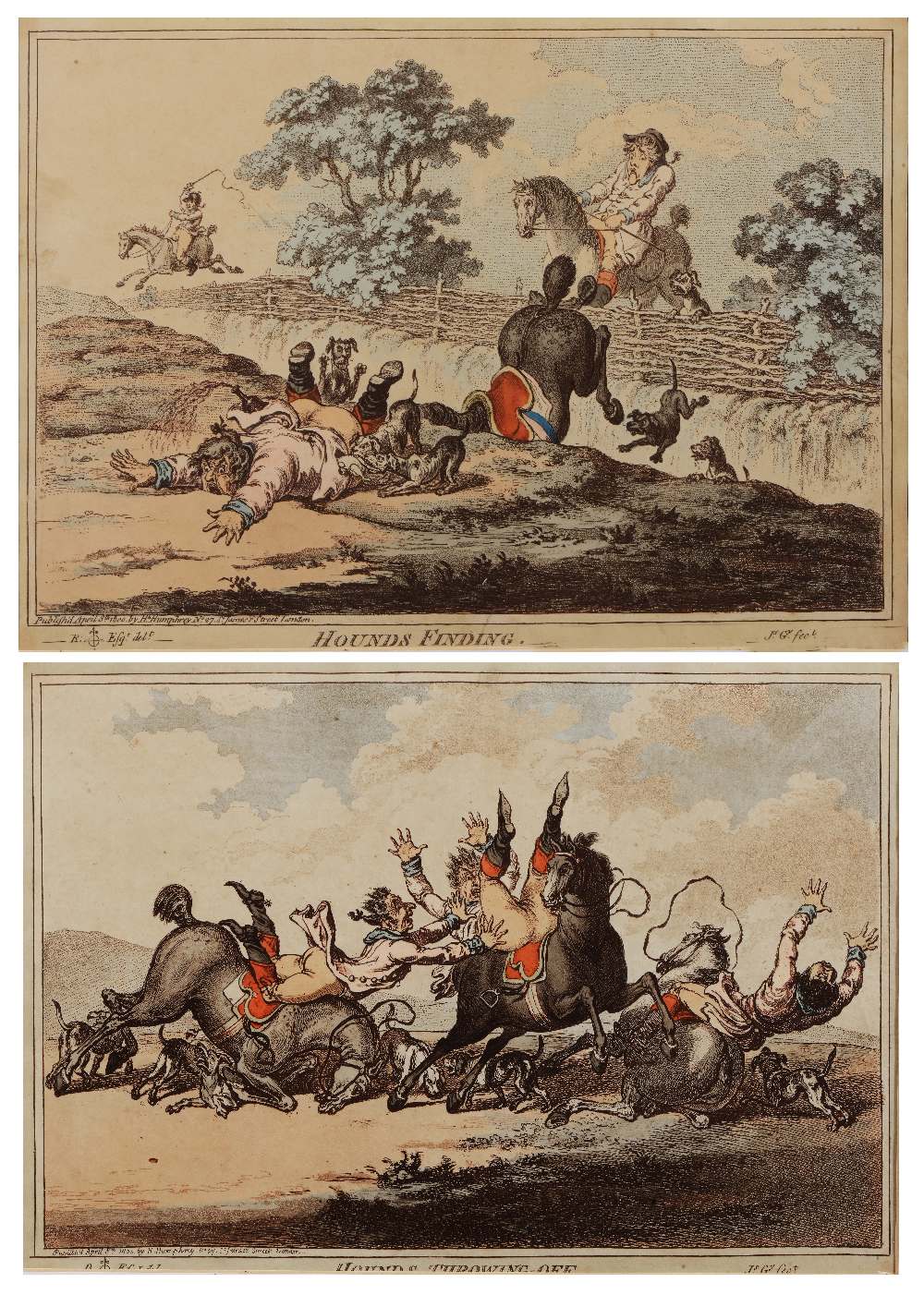 JAMES GILLRAY 'Hounds Finding' and 'Hounds Throwing Off', a pair, etchings with aquatint, hand-