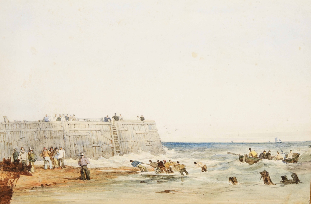 SAMUEL PROUT (1782-1852) Fishermen hauling boats onto a beach beside a jetty, pen, ink and