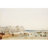 SAMUEL PROUT (1782-1852) Fishermen hauling boats onto a beach beside a jetty, pen, ink and