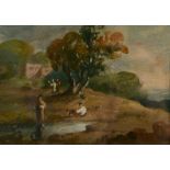 WILLIAM GEORGE JENNINGS (1763-1854) Figures on the Heath, Hampstead, oil on board, 9.5 x 13.5cm