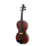 A LATE 19TH CENTURY VIOLIN possibly French Caussin School, with two piece back and two bows, cased