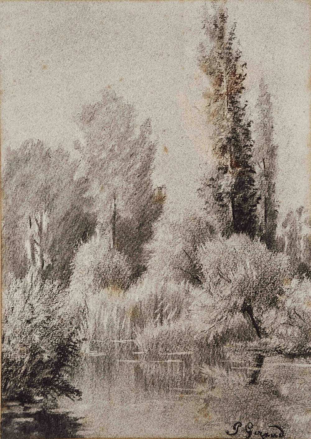 J * GIRAND River landscape with trees, signed, pencil and grey washes, 29.5 x 21.5cm