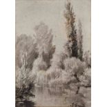J * GIRAND River landscape with trees, signed, pencil and grey washes, 29.5 x 21.5cm