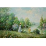 * CHAVET A summer day by the river, signed oil on canvas, 60 x 90cm